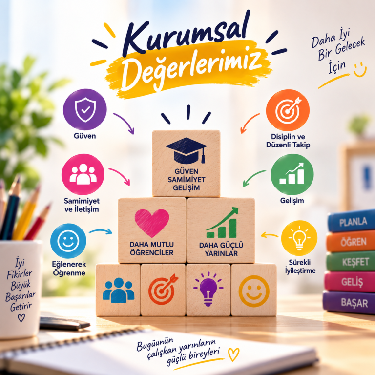 Güven, iletişim, gelişim, düzenli takip, eğlenerek öğrenme ve sürekli iyileştirme eğitim değerleri
